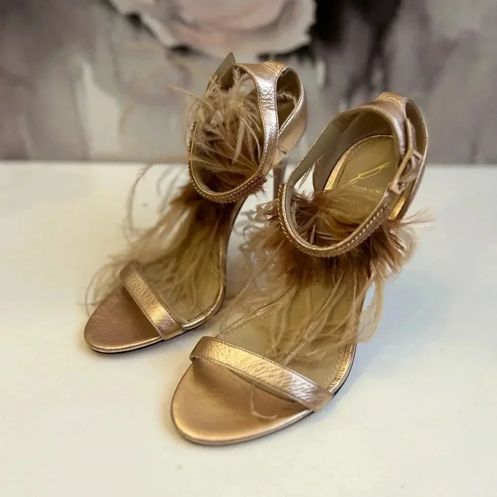 ! B Brian Atwood Laracca Feather Rose Gold Bronze Metallic Sandals 6! - Picture 2 of 9